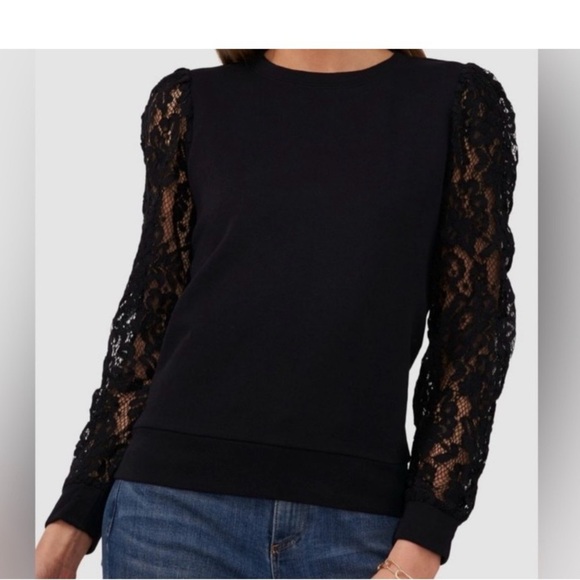 1. State Women’s Classic Black Cotton Top with Lace Sleeves | Size Medium - Picture 1 of 9